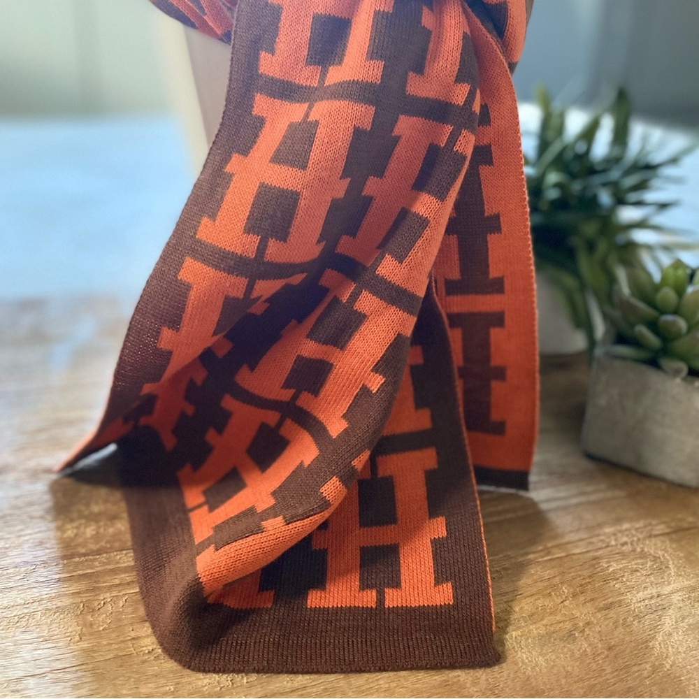 Reversible Orange & Brown Patterned Scarf - Picture 2 of 8